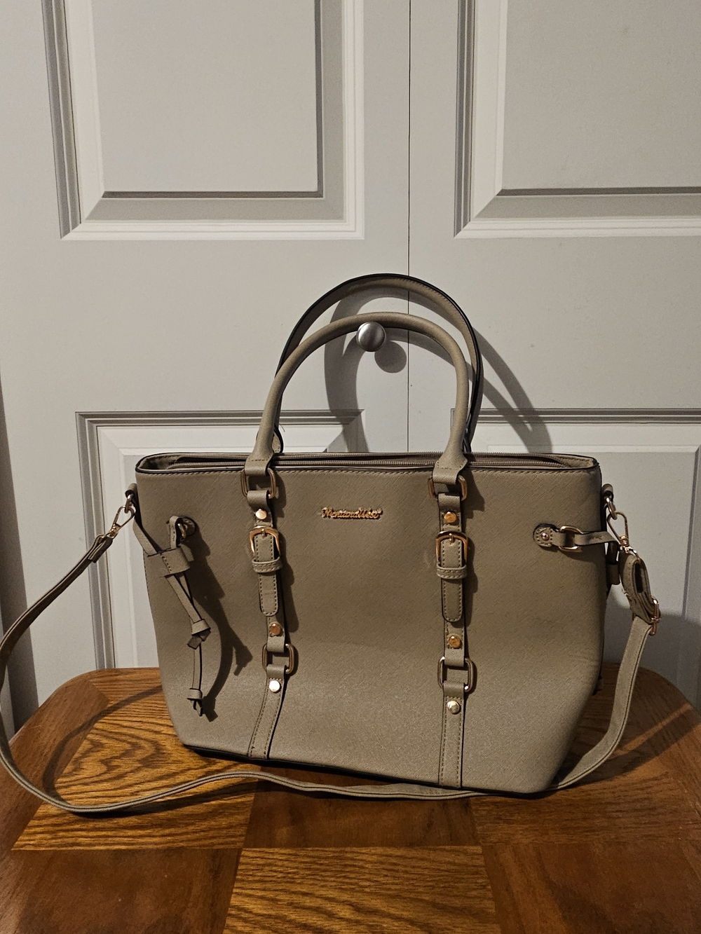 Montana West Structured Tote Hand Bag in Taupe with Gold Accents
